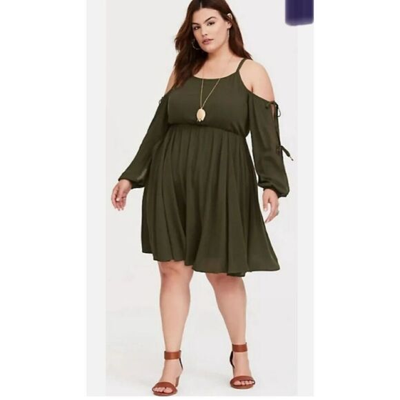 Torrid plus 3x cold shoulder olive green fairycore boho gauze skater dress midi - Picture 1 of 7